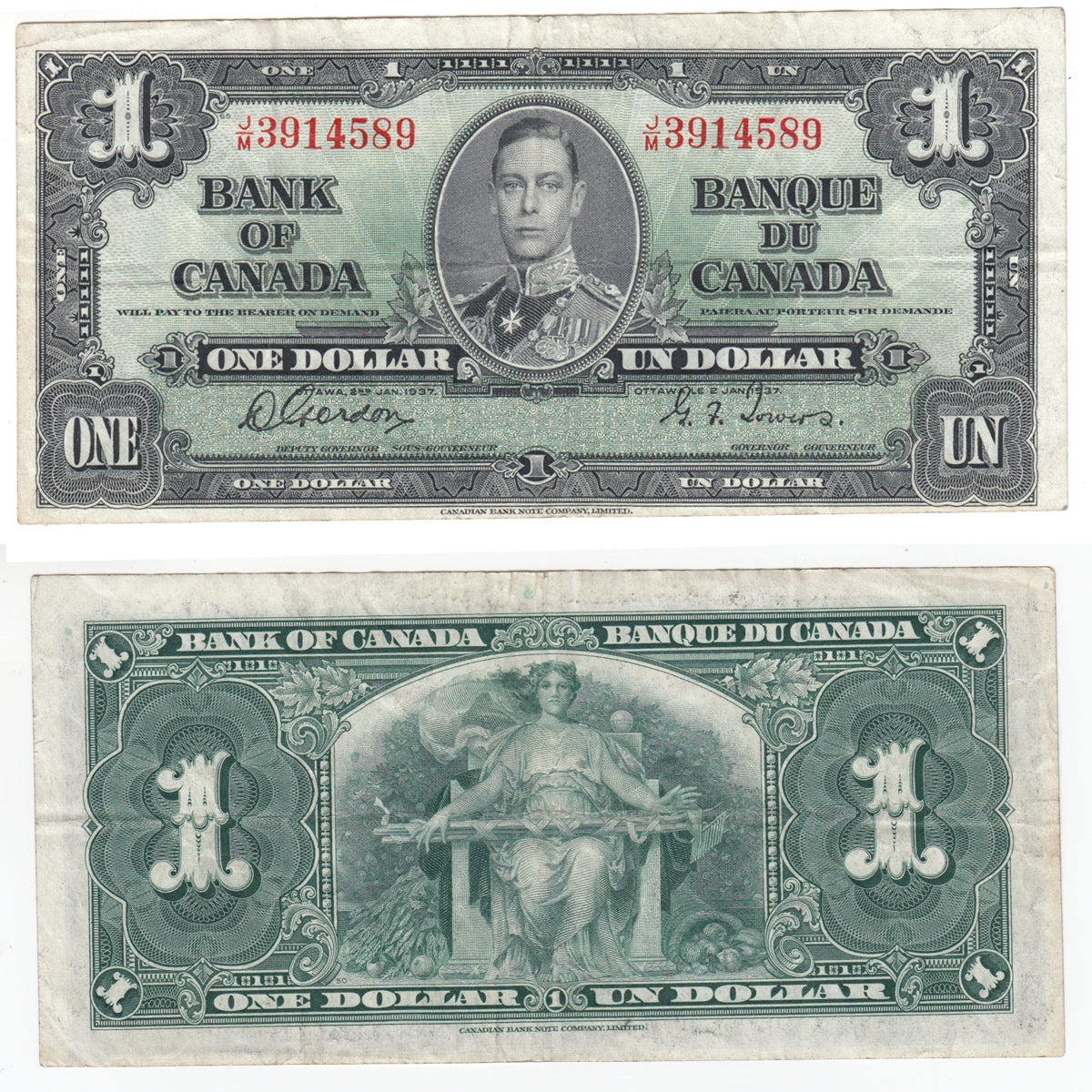 BC-21c 1937 Canada $1 Gordon-Towers, J/M, Very Fine (VF20)