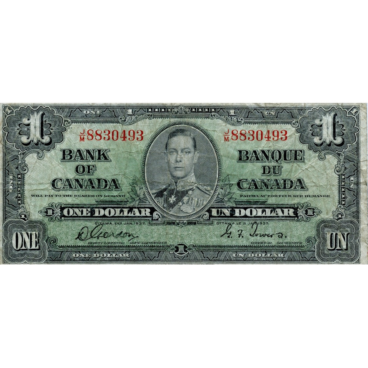 BC-21c 1937 Canada $1 Gordon-Towers, J/M, VG-F (VG10)