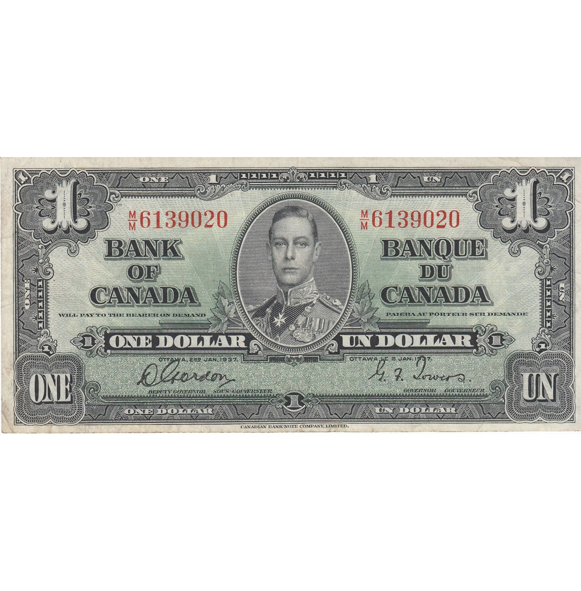 BC-21c 1937 Canada $1 Gordon-Towers, M/M, Very Fine (VF20)