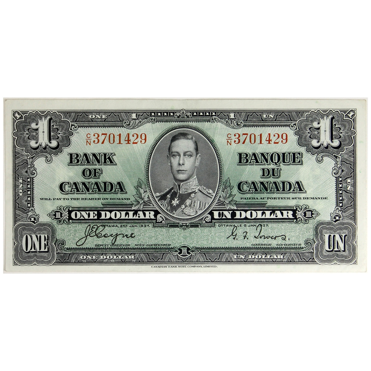 BC-21d 1937 Canada $1 Coyne-Towers, C/N, Almost Uncirculated (AU50)