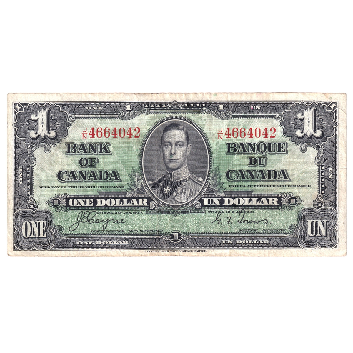 BC-21d 1937 Canada $1 Coyne-Towers, J/N, Very Fine (VF20)