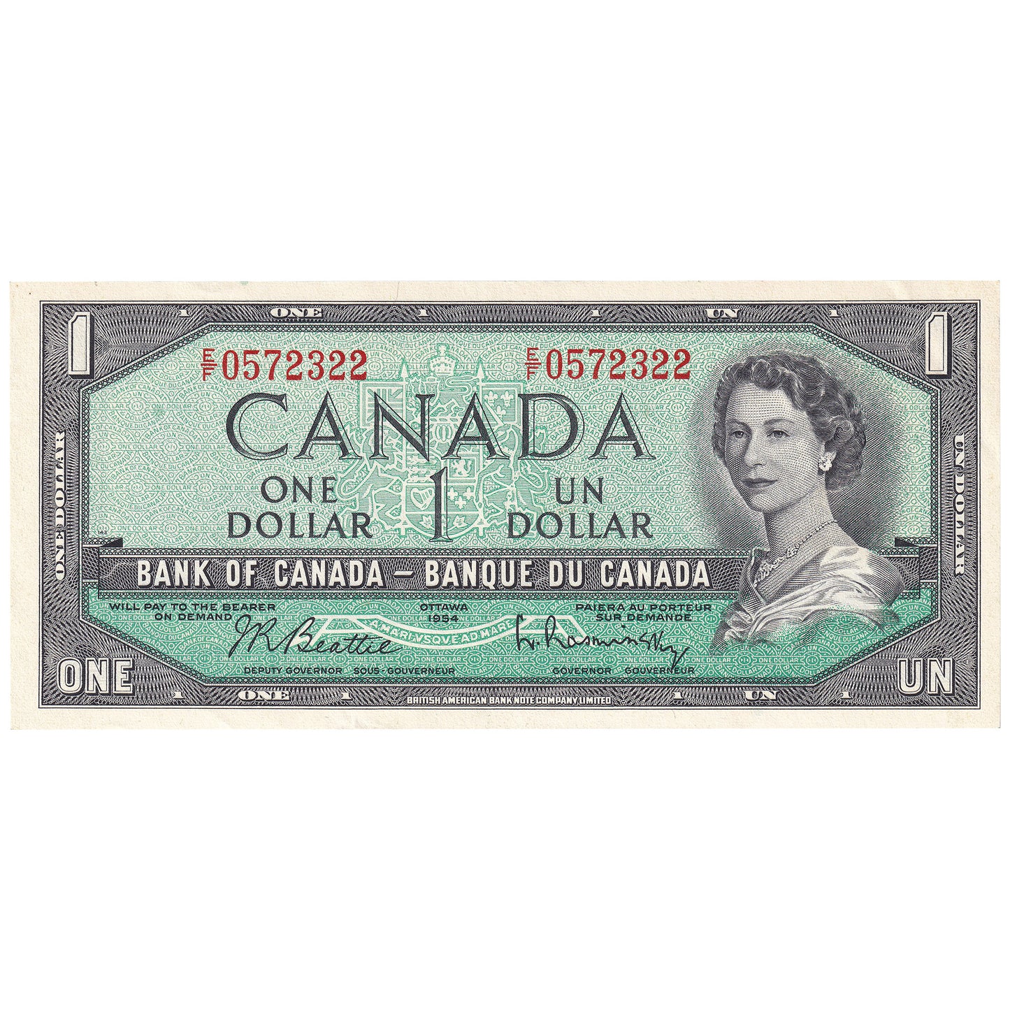 BC-37b-i 1954 Canada $1 Beattie-Rasminsky, E/F, Almost Uncirculated (AU50)