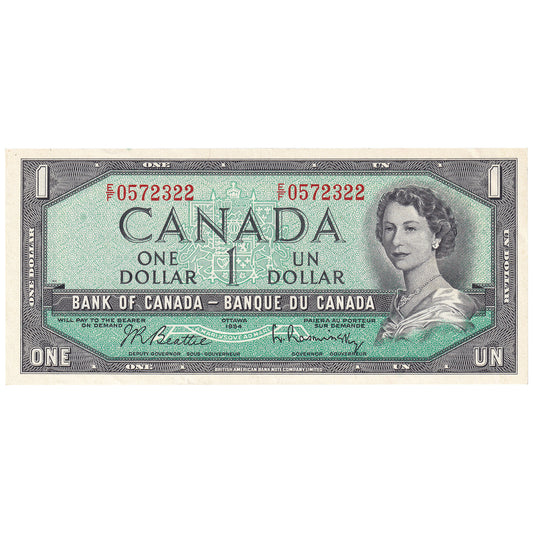 BC-37b-i 1954 Canada $1 Beattie-Rasminsky, E/F, Almost Uncirculated (AU50)