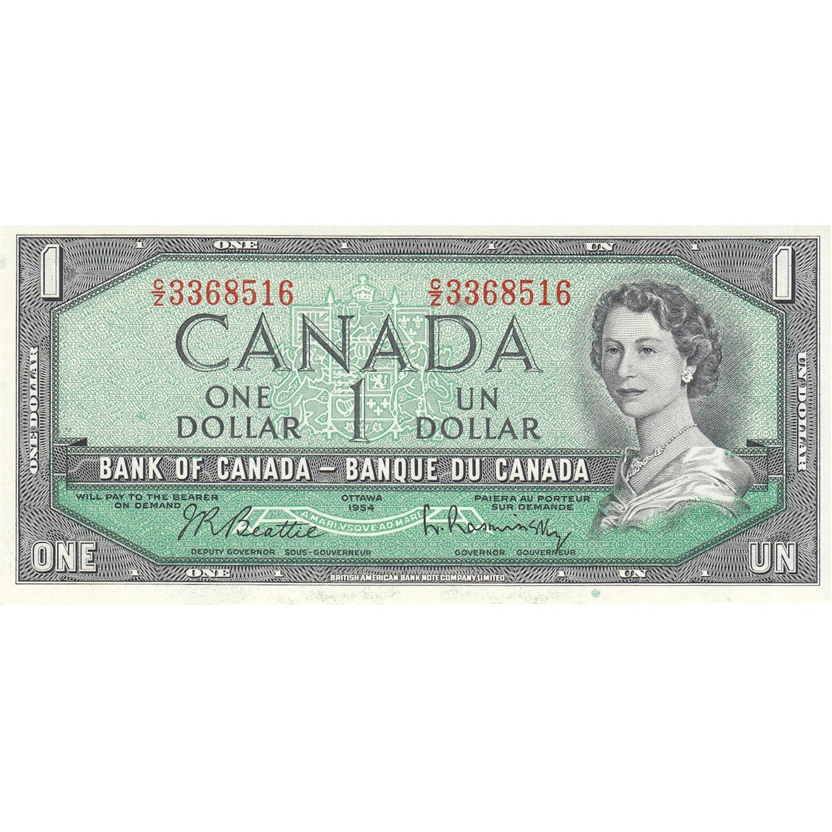 BC-37b-i 1954 Canada $1 Beattie-Rasminsky, C/Z, Uncirculated (MS60)