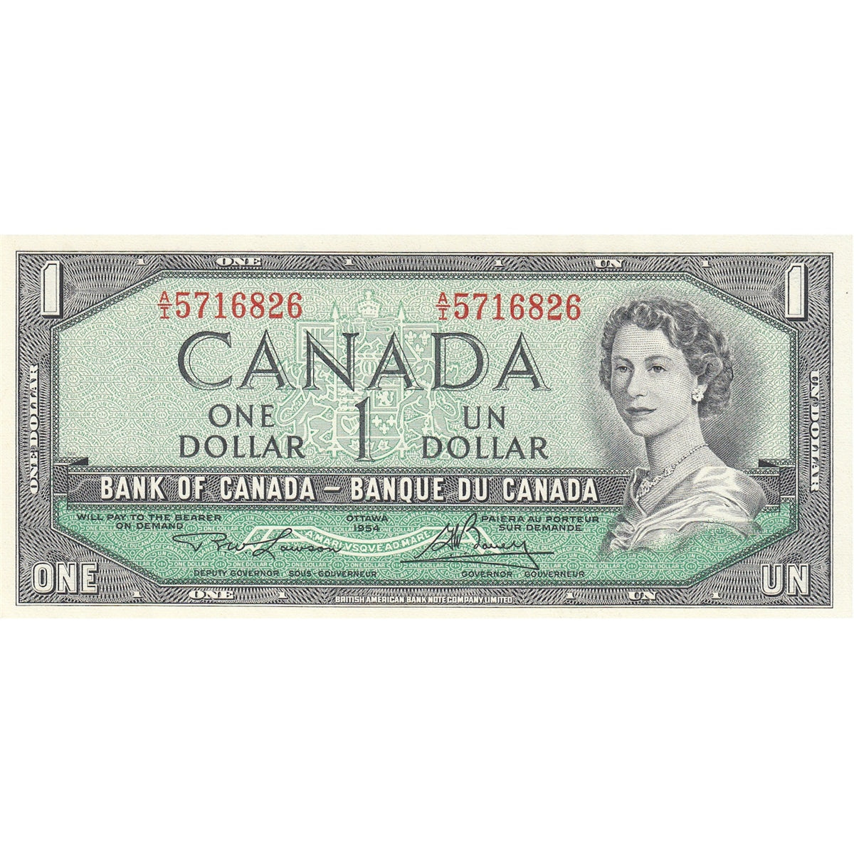 BC-37d 1954 Canada $1 Lawson-Bouey, A/I, Almost Uncirculated (AU50)
