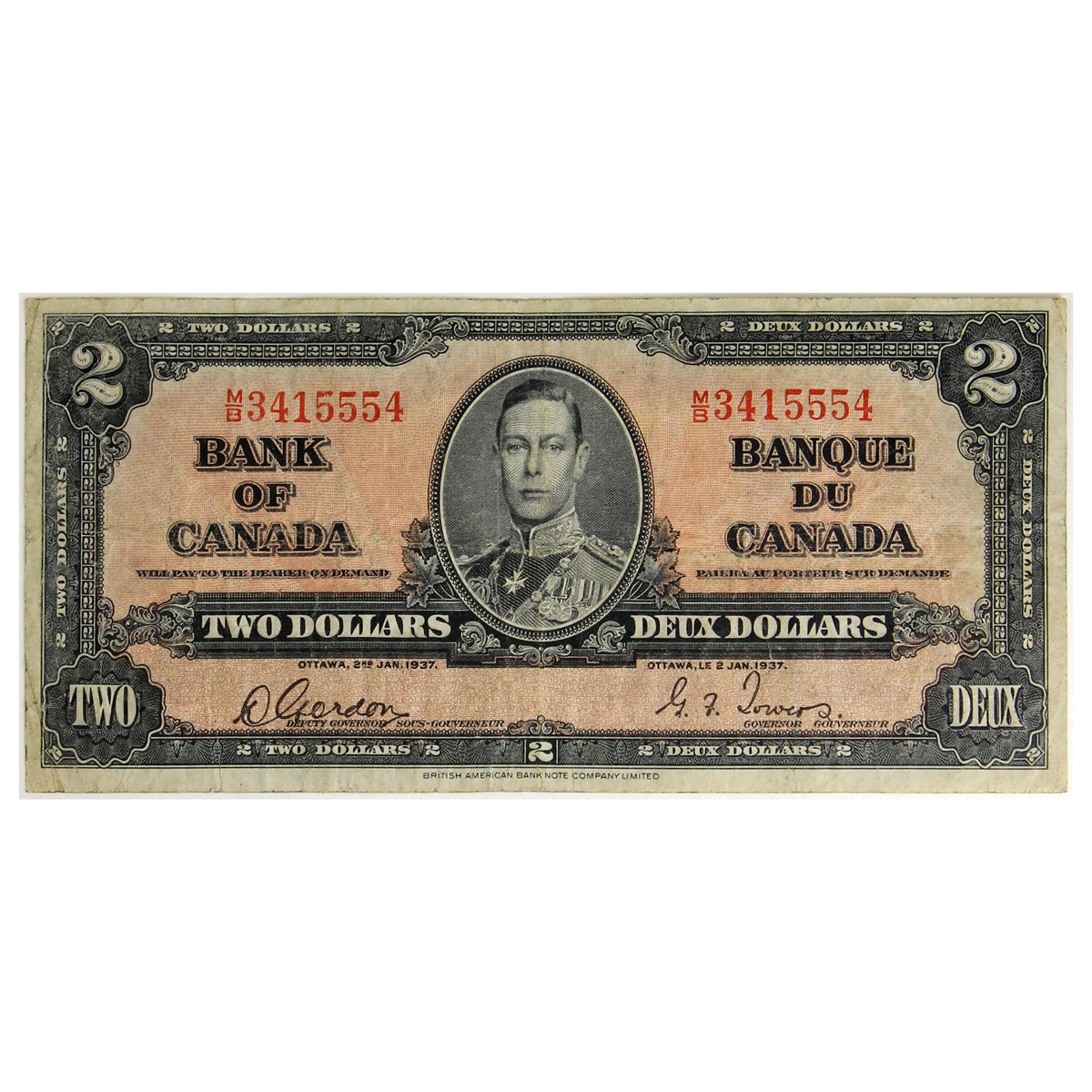 BC-22b 1937 Canada $2 Gordon-Towers, M/B, F-VF (F15)