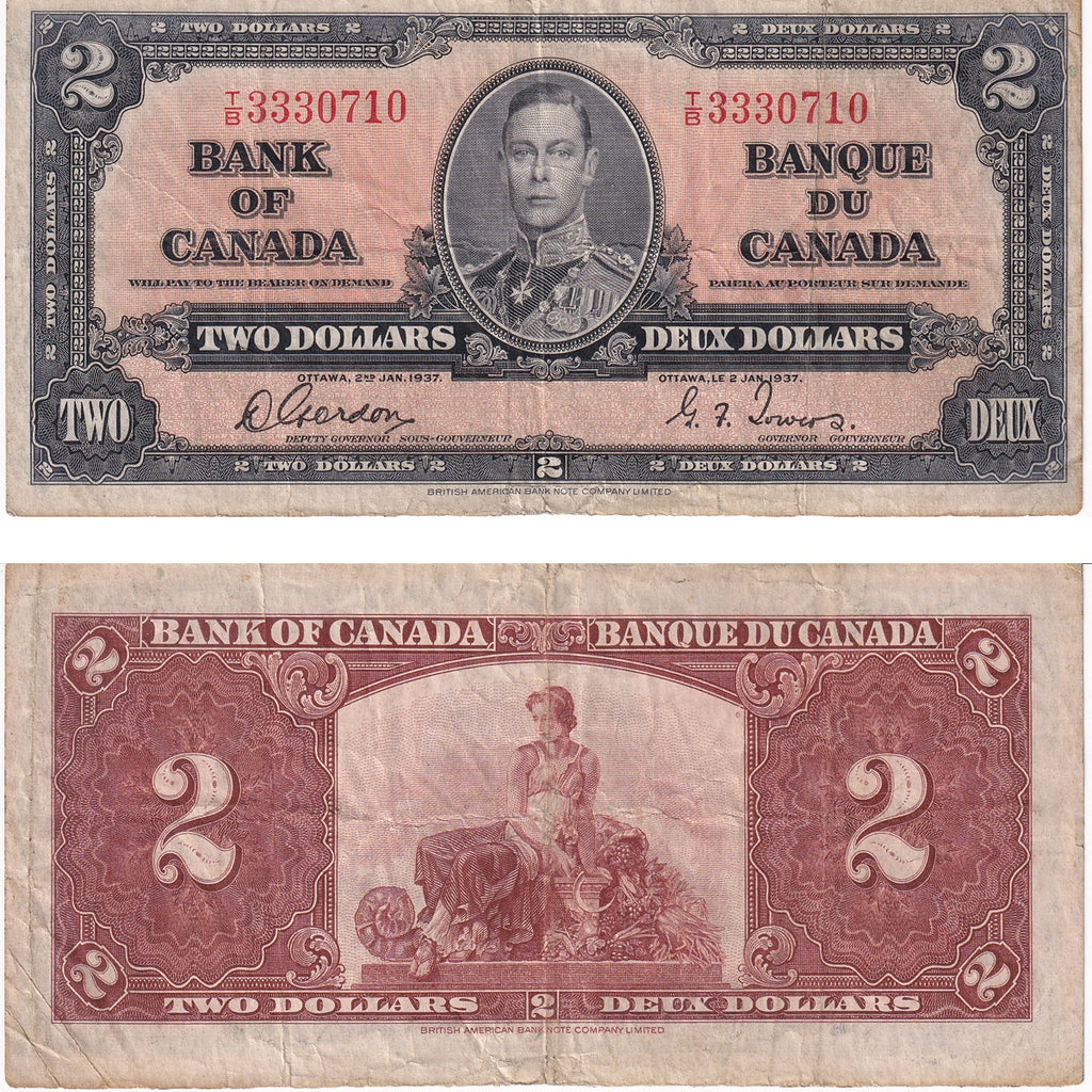 BC-22b 1937 Canada $2 Gordon-Towers, T/B, Fine (F12)