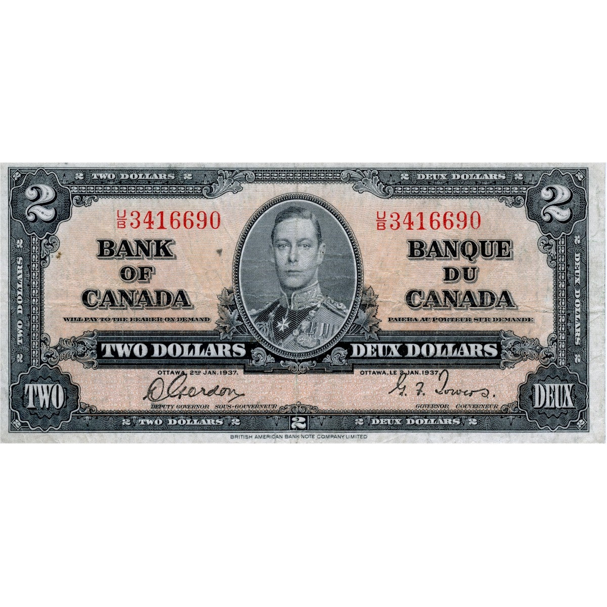 BC-22b 1937 Canada $2 Gordon-Towers, U/B, Fine (F12)