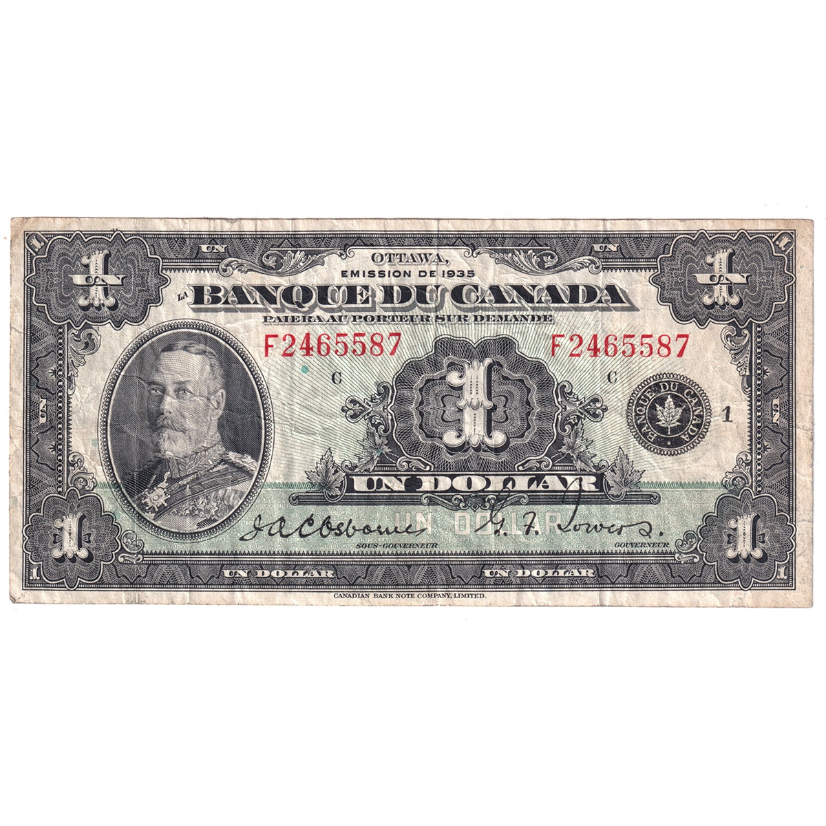 BC-2 1935 Canada $1 Osborne-Towers, French, Very Fine (VF20)