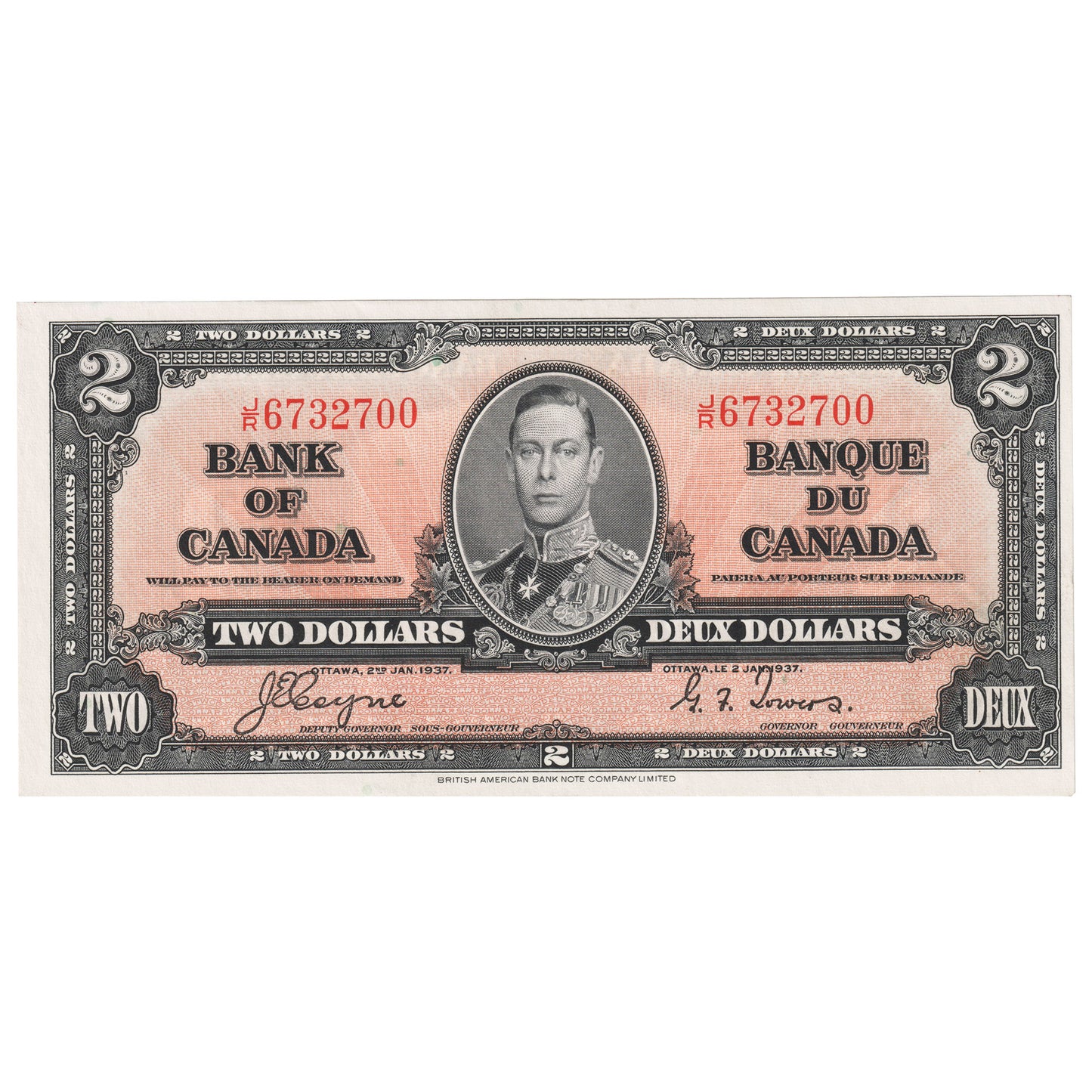BC-22c 1937 Canada $2 Coyne-Towers, J/R, AU