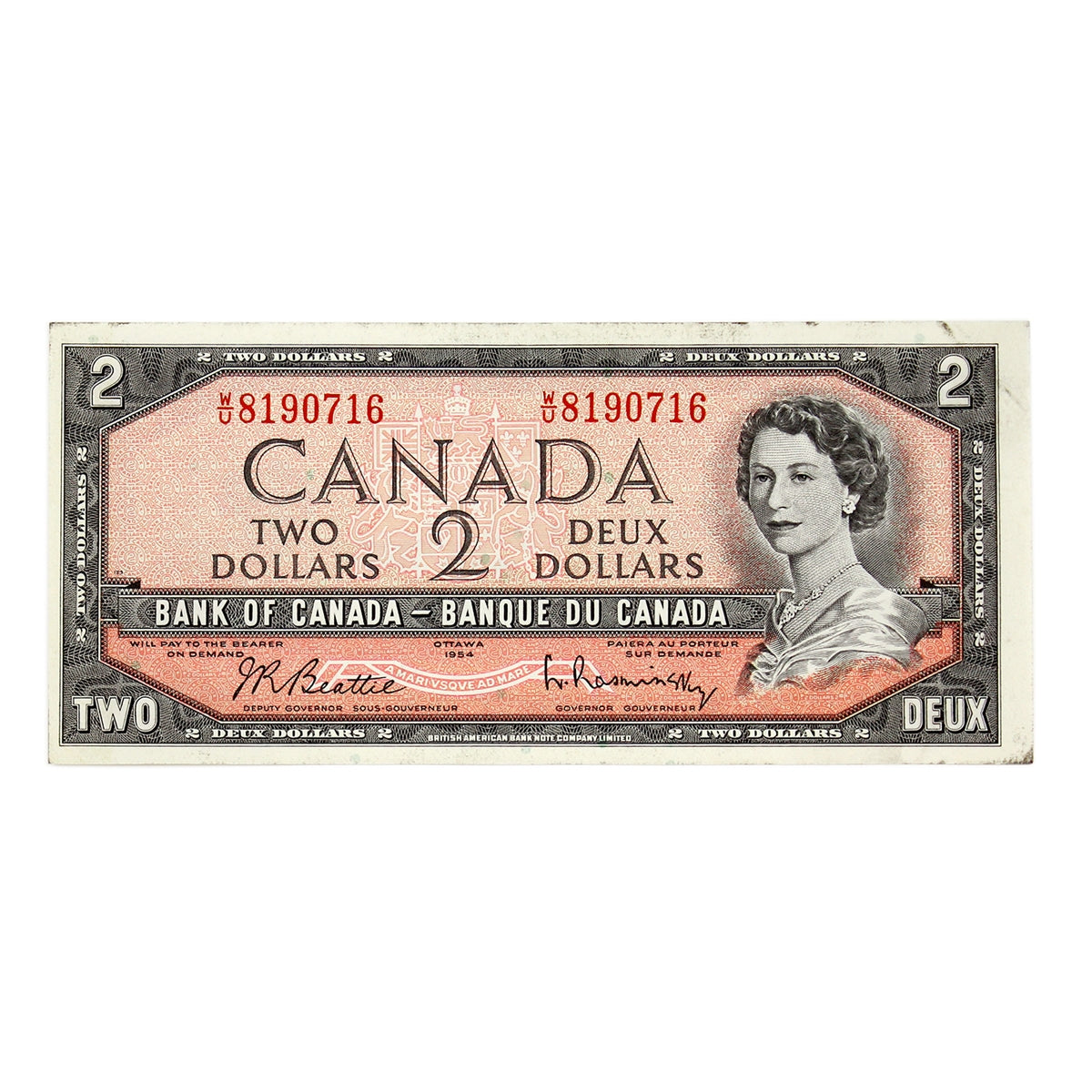 BC-38b 1954 Canada $2 Beattie-Rasminsky, W/U, AU
