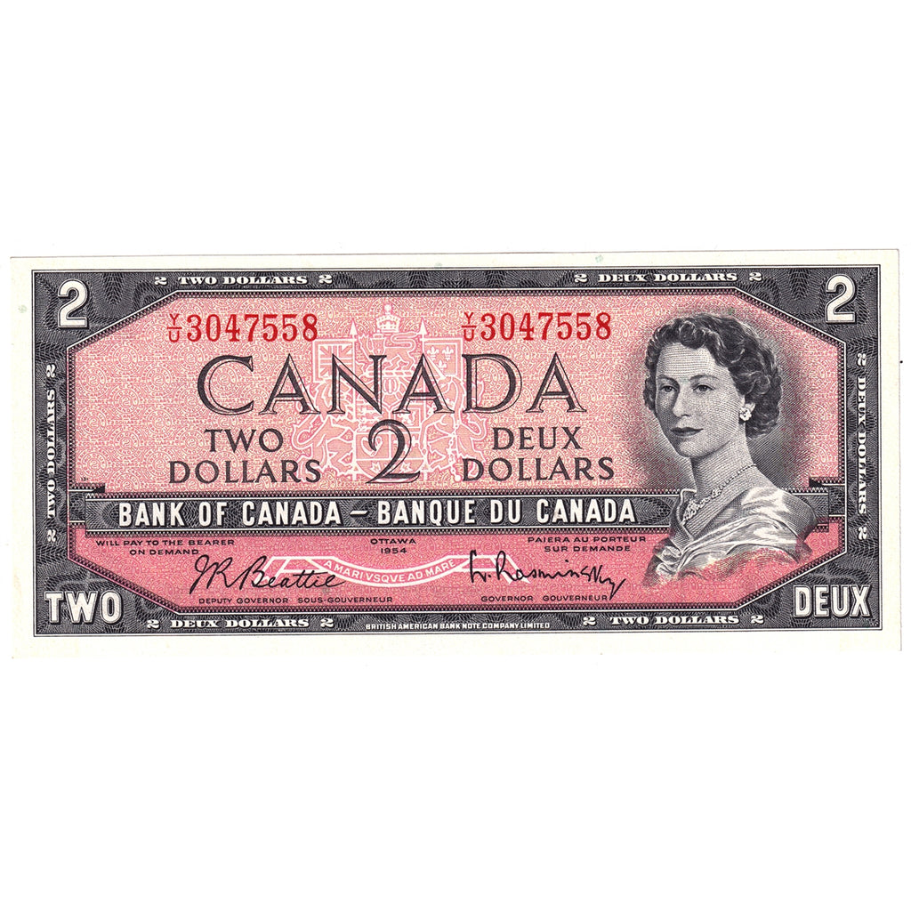 BC-38b 1954 Canada $2 Beattie-Rasminsky, Y/U, AU-UNC (AU55)