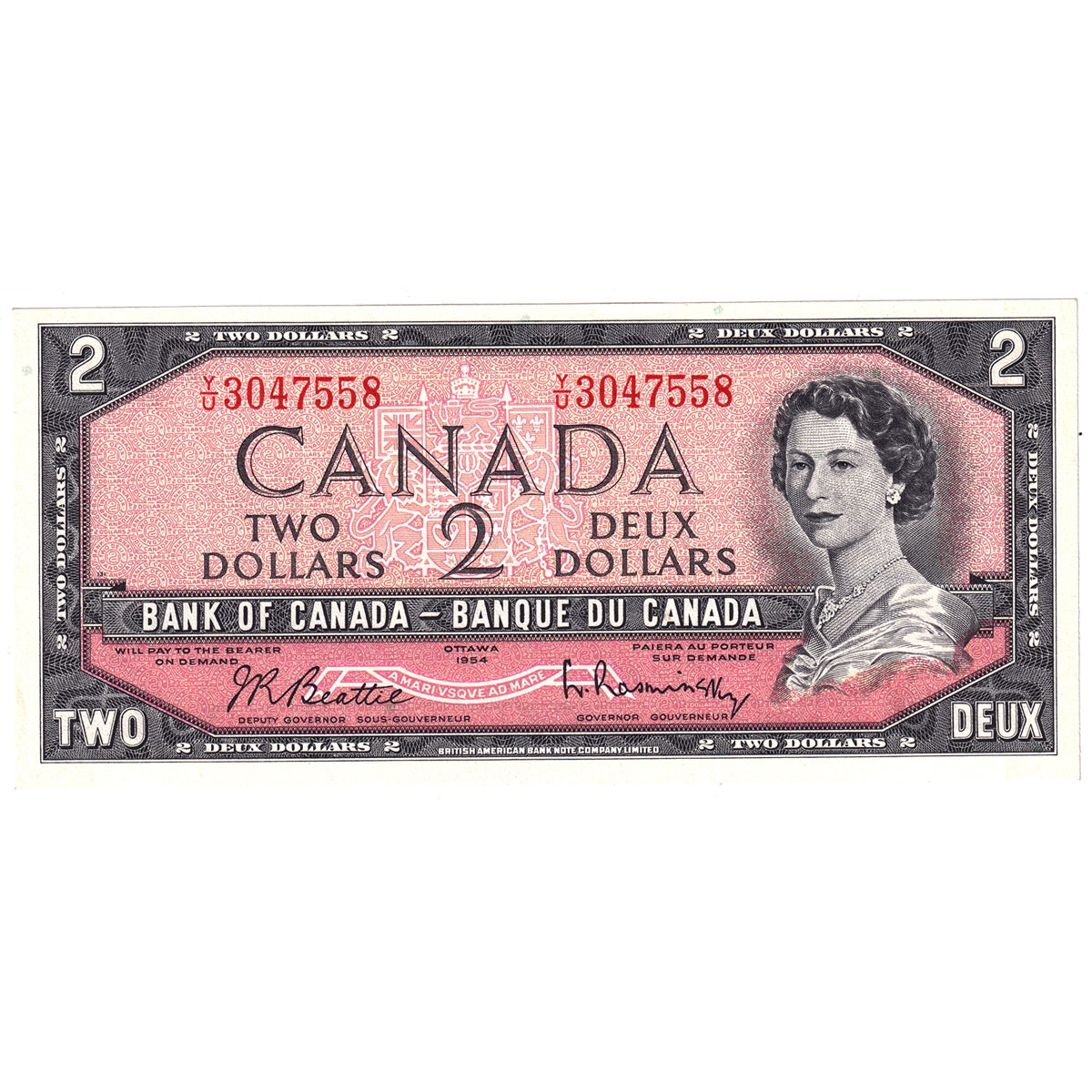 BC-38b 1954 Canada $2 Beattie-Rasminsky, Y/U, AU-UNC (AU55)