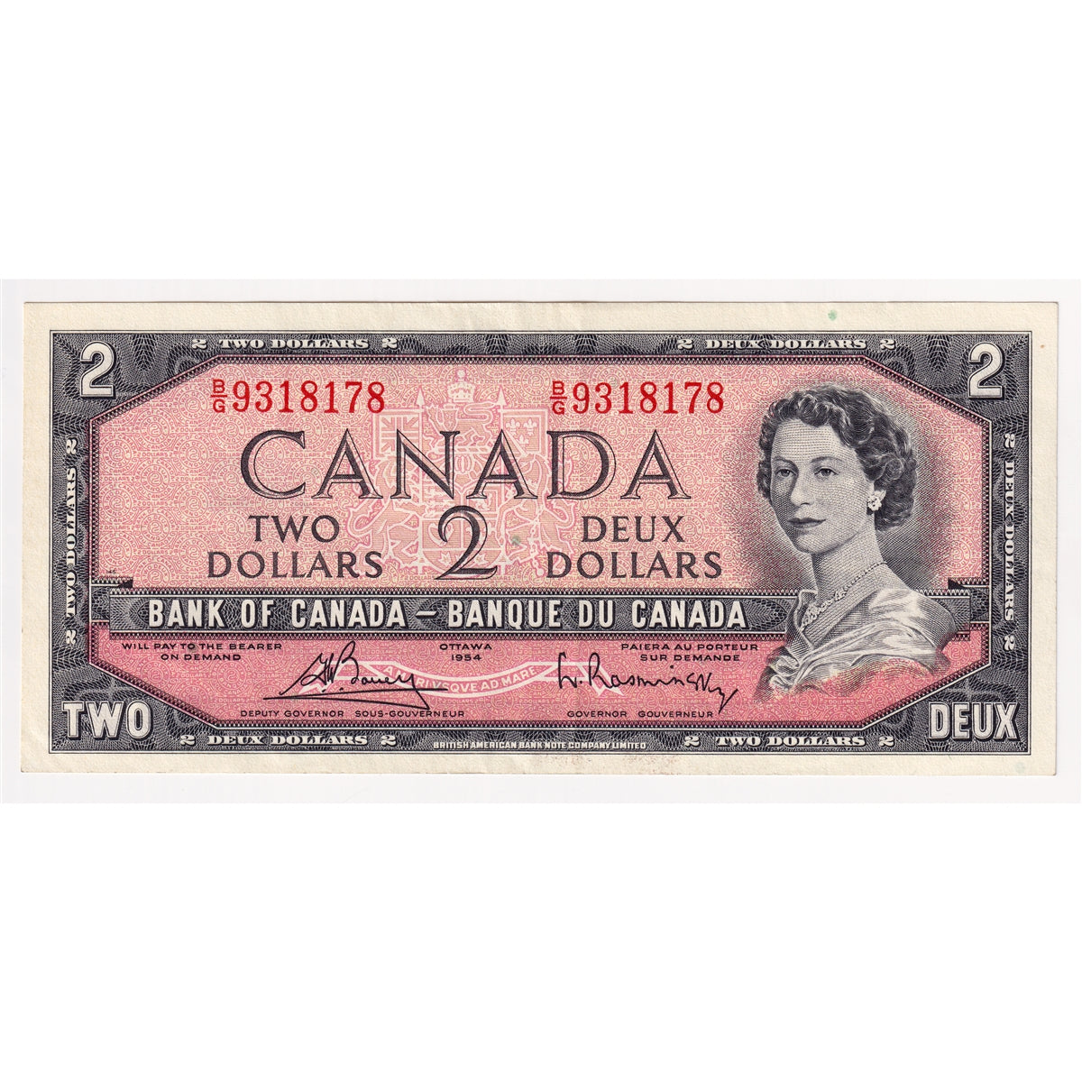 BC-38c 1954 Canada $2 Bouey-Rasminsky, B/G, EF-AU (EF45)