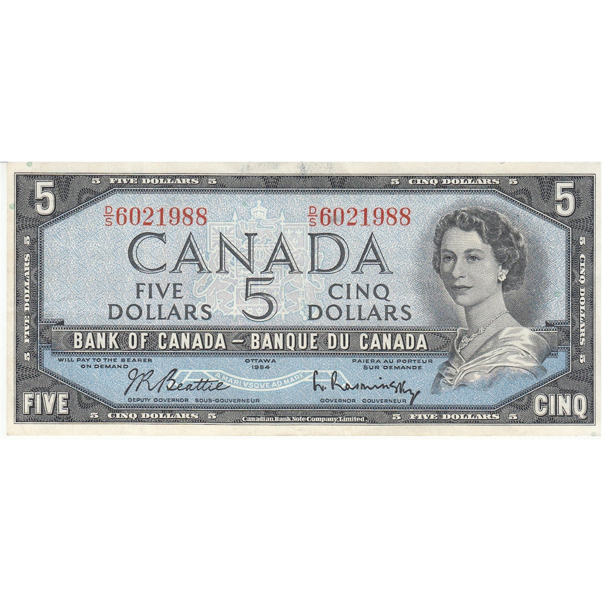 BC-39b 1954 Canada $5 Beattie-Rasminsky, D/S, VF-EF (VF30)