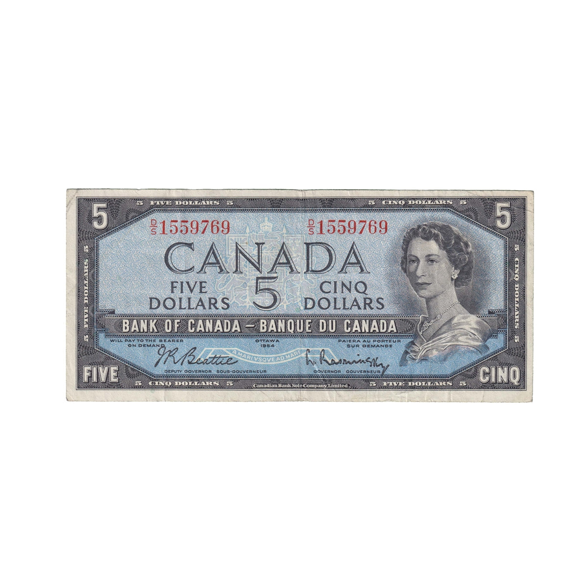 BC-39b 1954 Canada $5 Beattie-Rasminsky, D/S, F-VF (F15)