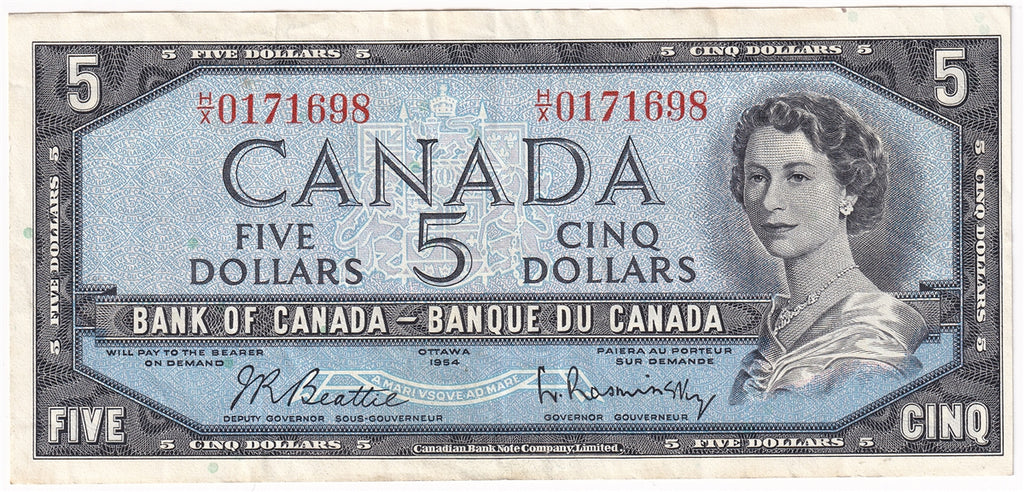 BC-39b 1954 Canada $5 Beattie-Rasminsky, H/X, VF-EF (VF30)