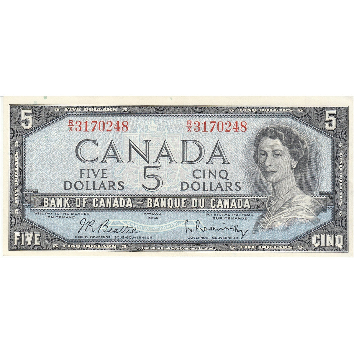 BC-39b 1954 Canada $5 Beattie-Rasminsky, R/X, Almost Uncirculated (AU50)