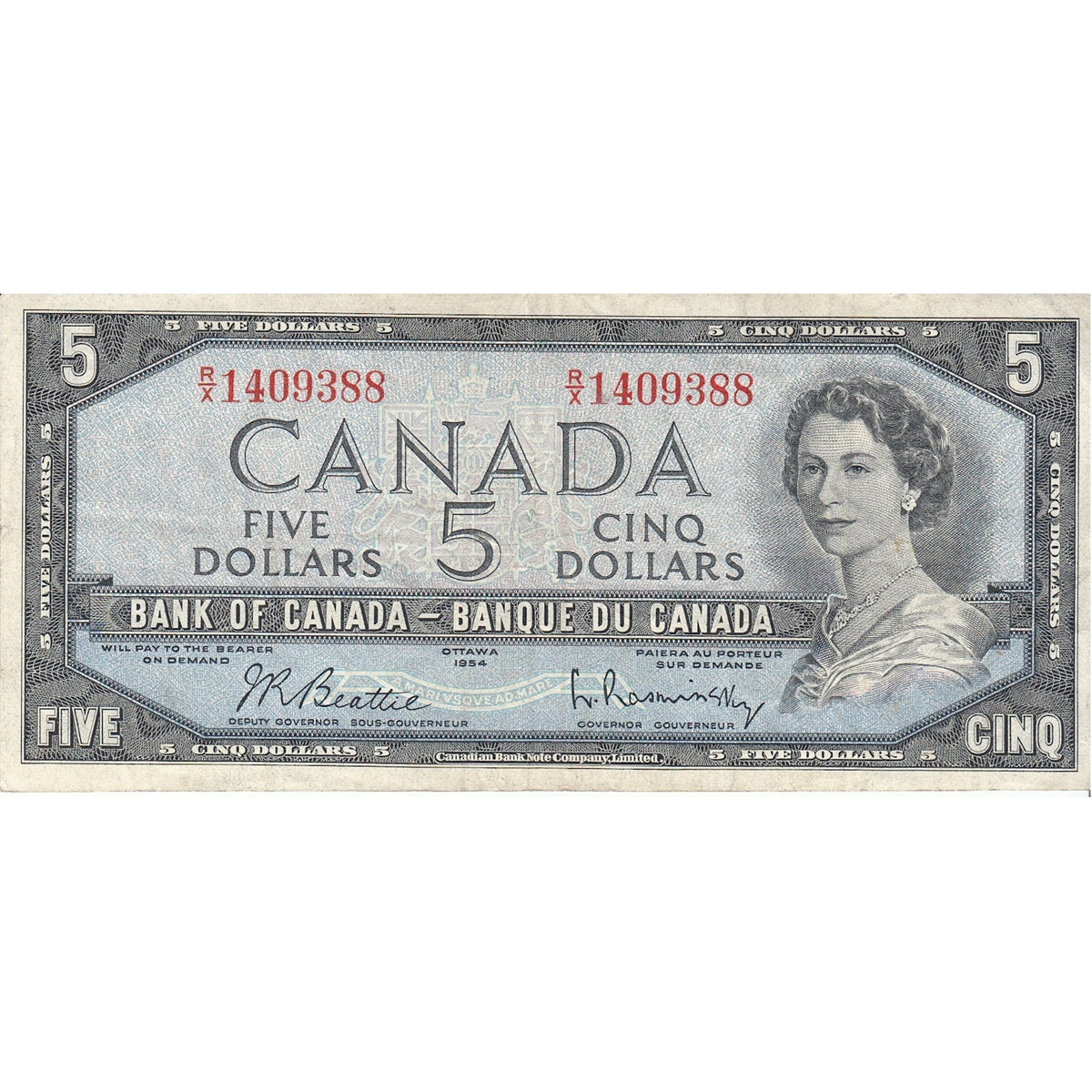 BC-39b 1954 Canada $5 Beattie-Rasminsky, R/X, Very Fine (VF20)