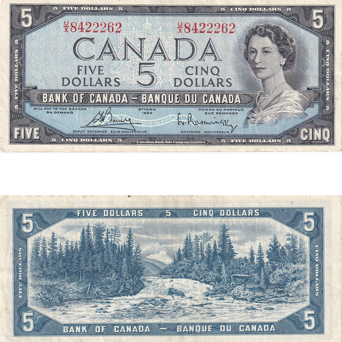 BC-39c 1954 Canada $5 Bouey-Rasminsky, U/X, Very Fine (VF20)