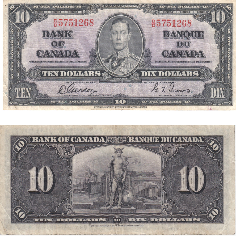 BC-24b 1937 Canada $10 Gordon-Towers, D/D, Very Fine (VF20)