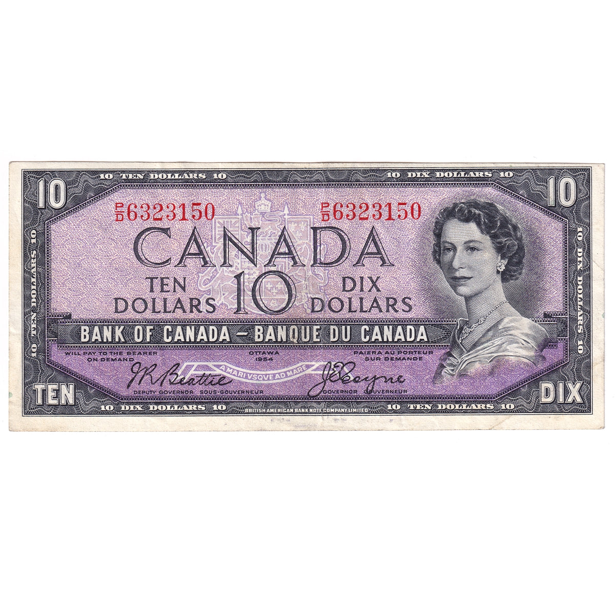 BC-40a 1954 Canada $10 Beattie-Coyne, P/D, VF-EF (VF30)
