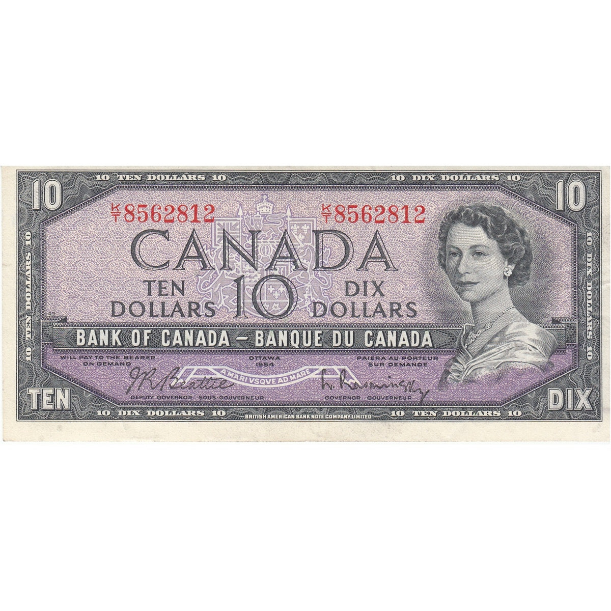 BC-40b 1954 Canada $10 Beattie-Rasminsky, K/T, VF-EF (VF30)