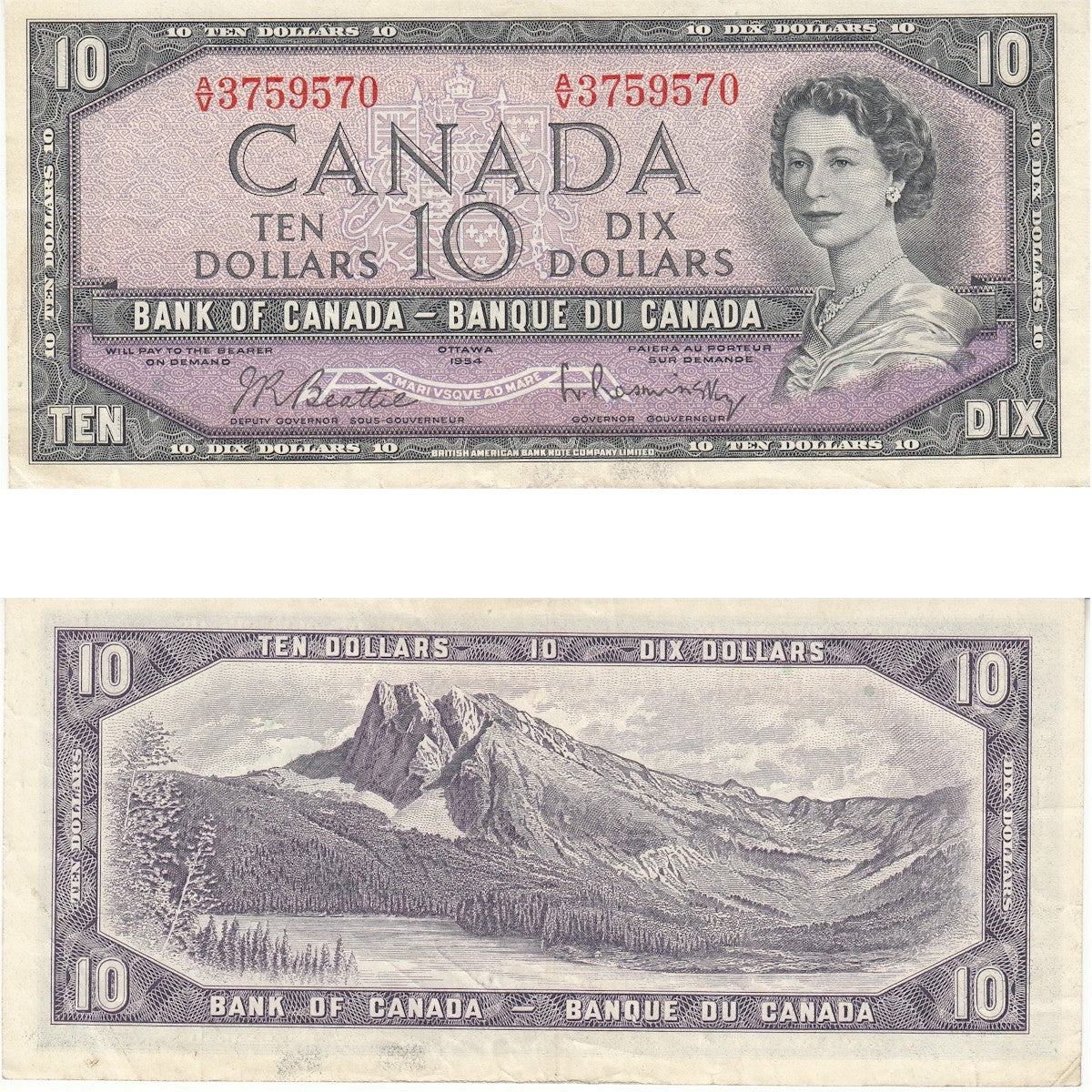 BC-40b 1954 Canada $10 Beattie-Rasminsky, A/V, Very Fine (VF20)