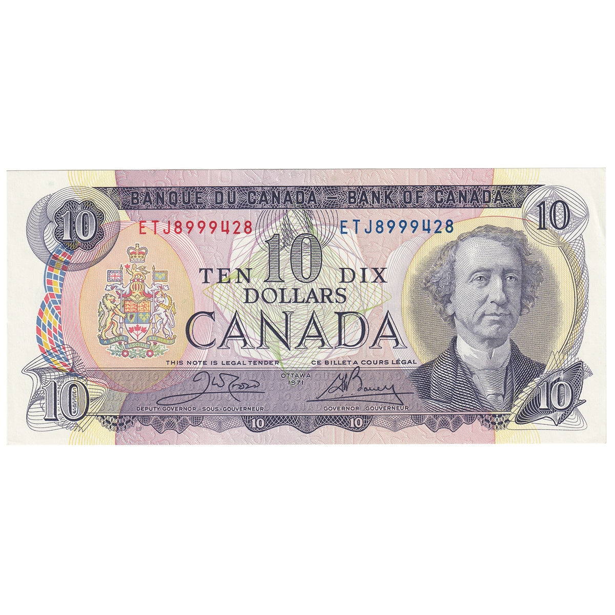 BC-49d 1971 Canada $10 Crow-Bouey, ETJ, Almost Uncirculated (AU50)