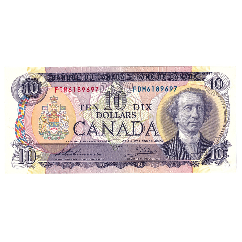 BC-49e 1971 Canada $10 Thiessen-Crow, FDM, Almost Uncirculated (AU50)