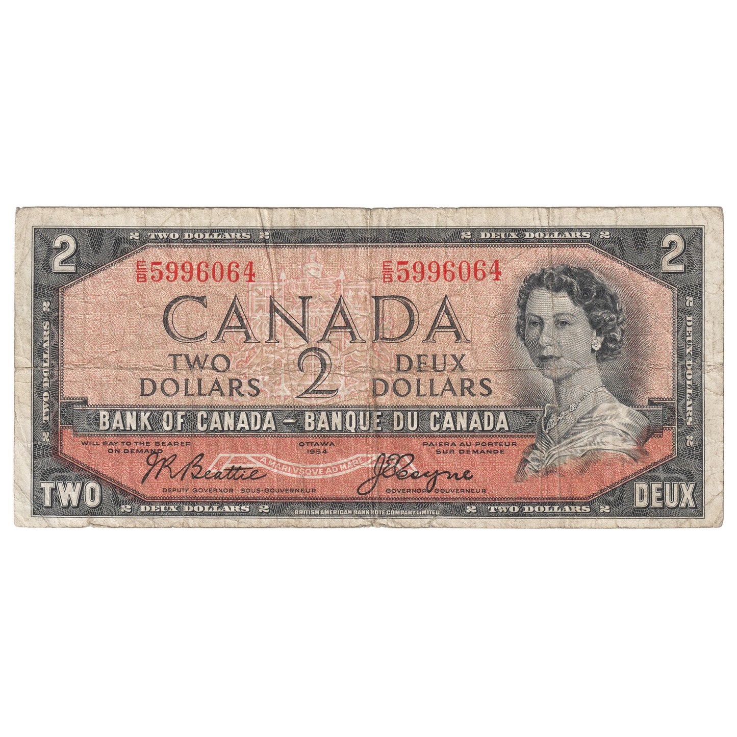 BC-30b 1954 Canada $2 Beattie-Coyne, Devil's Face, E/B, Circulated