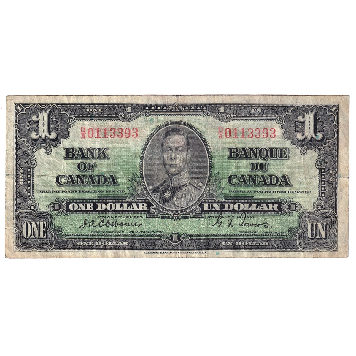 BC-21a 1937 Canada $1 Osborne-Towers, D/A, F-VF (F15)