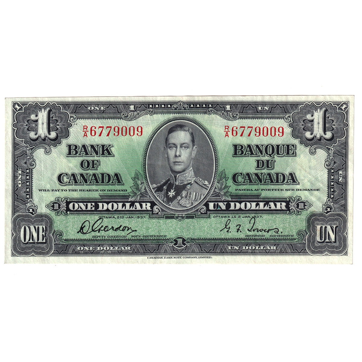 BC-21c 1937 Canada $1 Gordon-Towers, R/A, VF-EF (VF30)