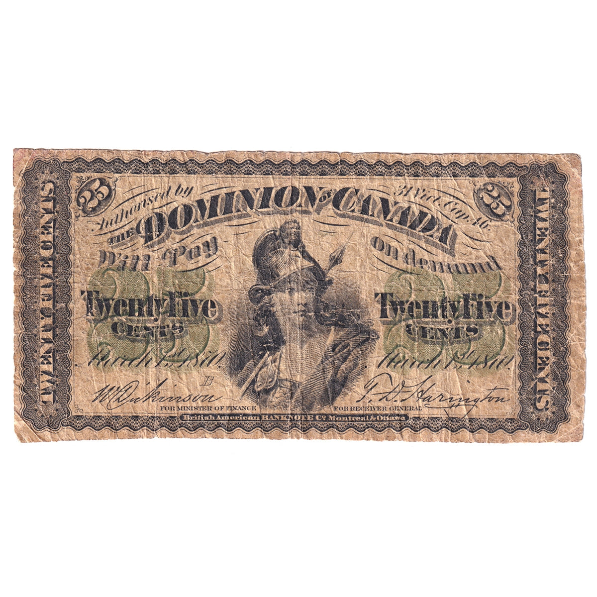 DC-1b 1870 Dominion 25-cent Shinplaster, Dickinson-Harington, Large B, CIRC