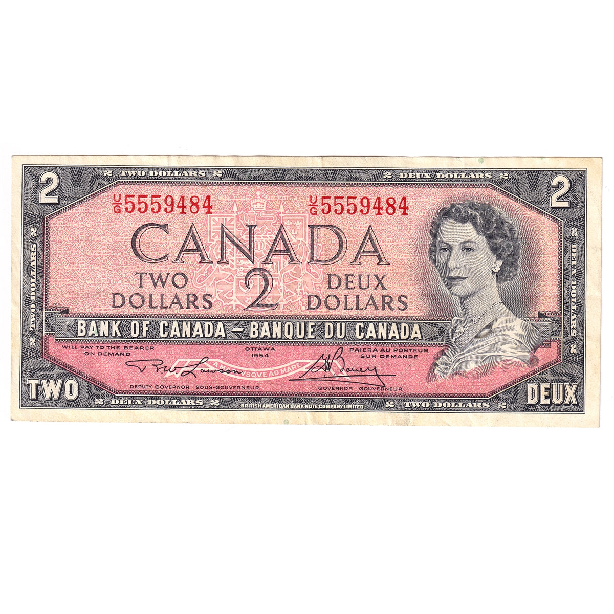 BC-38d 1954 Canada $2 Lawson-Bouey, U/G, Very Fine (VF20)