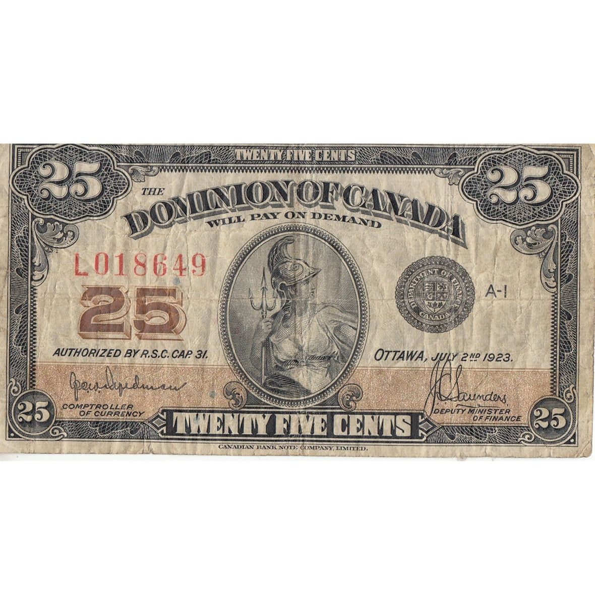 DC-24a 1923 Dominion 25 cent Shinplaster Hyndman-Saunders, Authorized, Fine (F12)