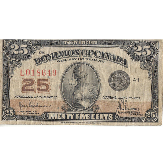 DC-24a 1923 Dominion 25 cent Shinplaster Hyndman-Saunders, Authorized, Fine (F12)