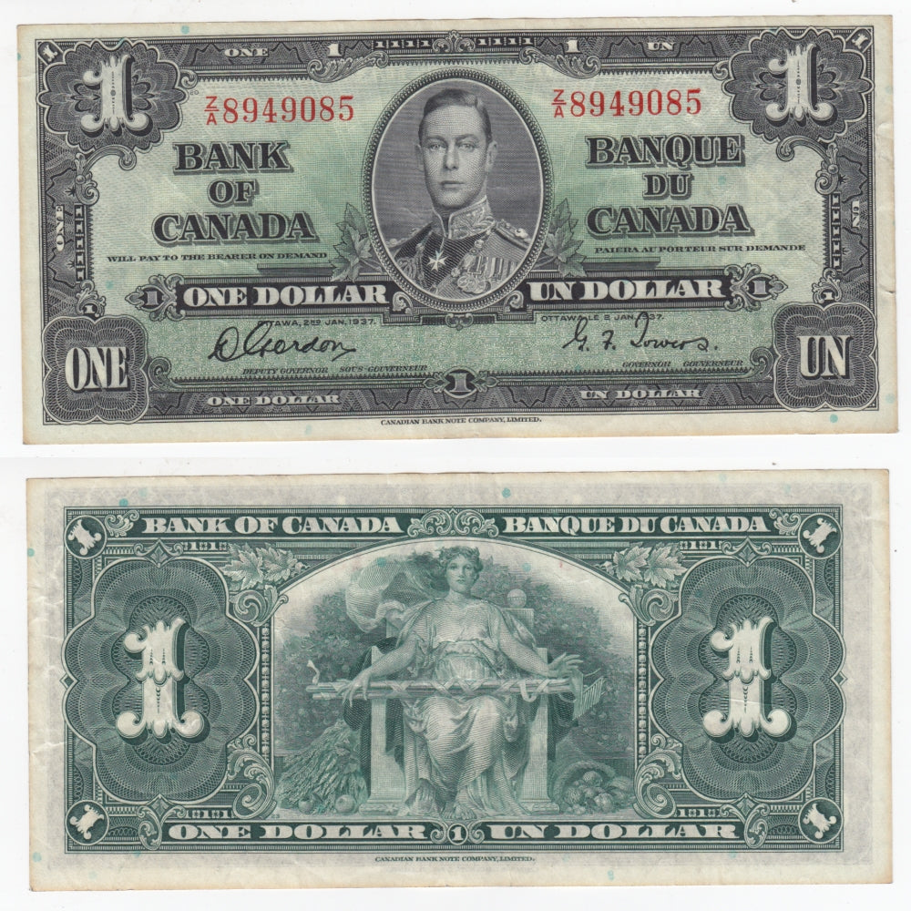 BC-21c 1937 Canada $1 Gordon-Towers, Z/A, VF-EF (VF30)