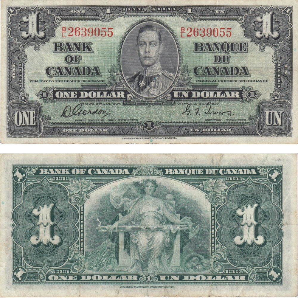 BC-21c 1937 Canada $1 Gordon-Towers, B/L, Very Fine (VF20)