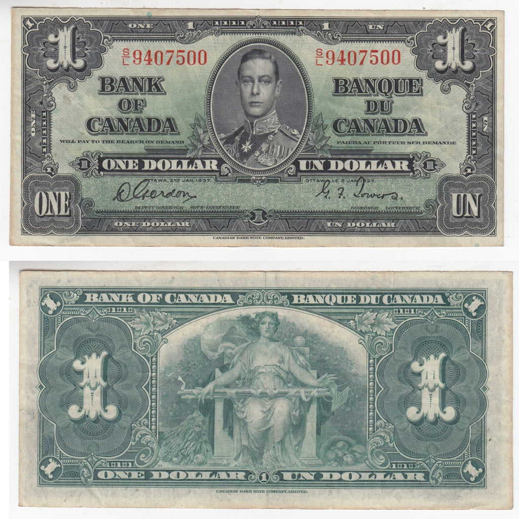 BC-21c 1937 Canada $1 Gordon-Towers, S/L, VF-EF (VF30)
