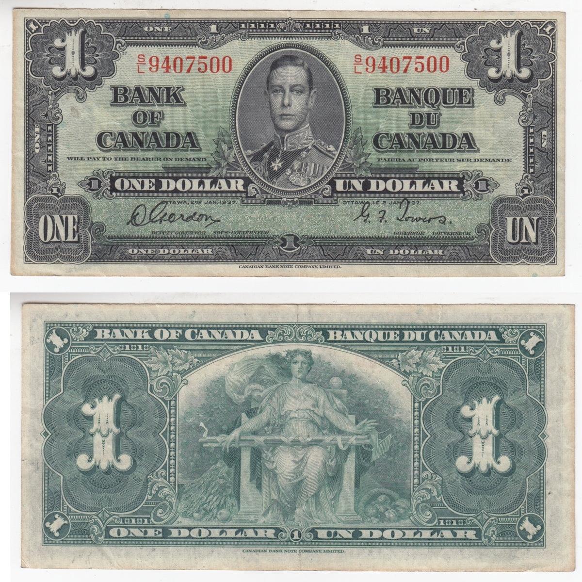 BC-21c 1937 Canada $1 Gordon-Towers, S/L, VF-EF (VF30)
