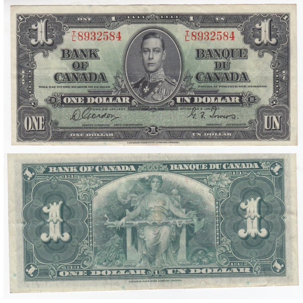 BC-21c 1937 Canada $1 Gordon-Towers, T/L, VF-EF (VF30)