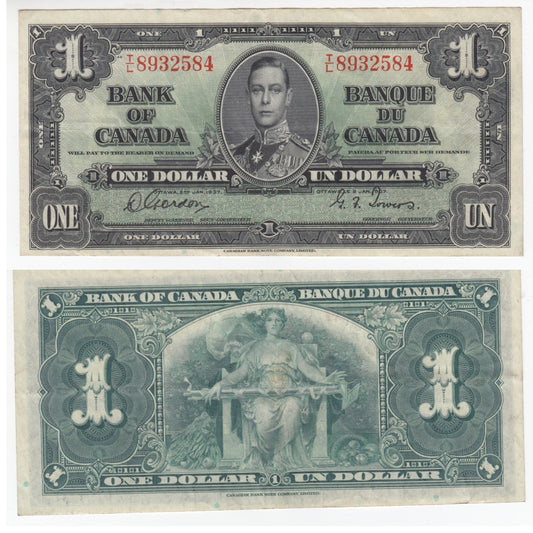 BC-21c 1937 Canada $1 Gordon-Towers, T/L, VF-EF (VF30)