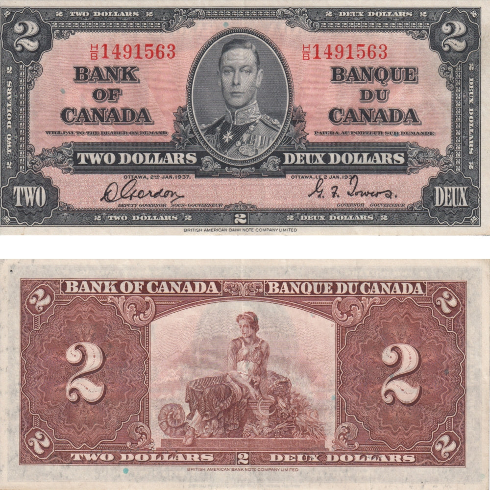BC-22b 1937 Canada $2 Gordon-Towers, H/B, VF-EF (VF30)