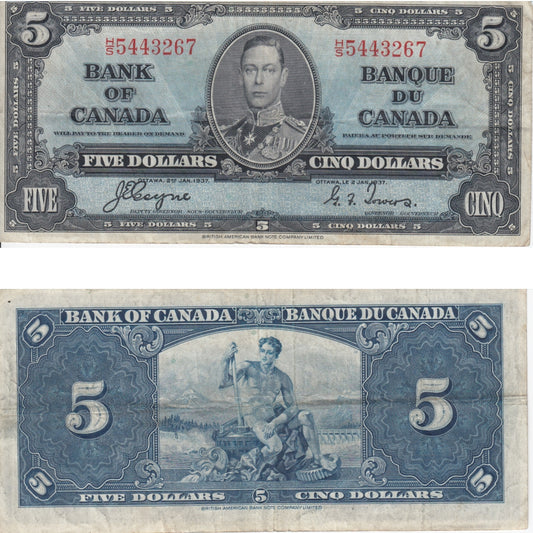 BC-23c 1937 Canada $5 Coyne-Towers, H/S, VF