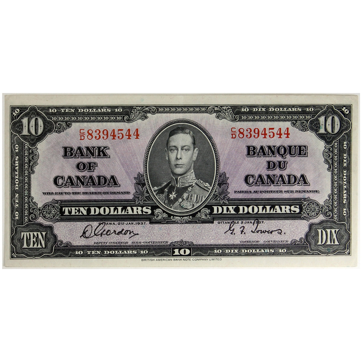 BC-24b 1937 Canada $10 Gordon-Towers, C/D, VF-EF (VF30)