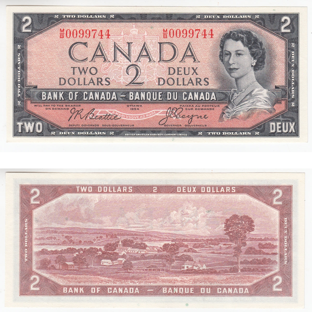 BC-38a 1954 Canada $2 Beattie-Coyne, M/B, Almost Uncirculated (AU50)