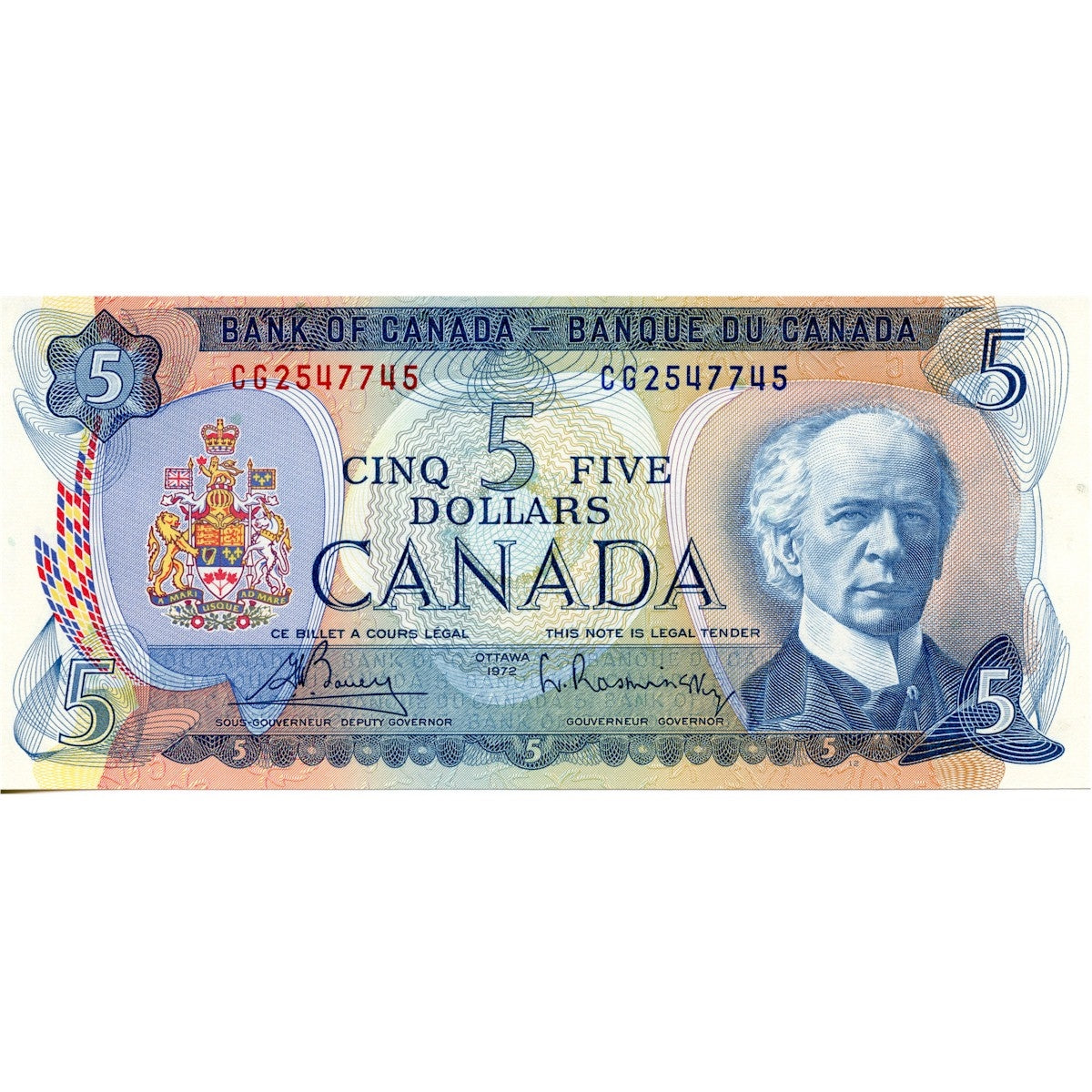 BC-48a 1972 Canada $5 Bouey-Rasminsky, CG, Choice Uncirculated (CUNC63)