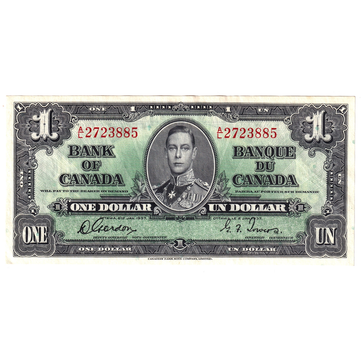 BC-21c 1937 Canada $1 Gordon-Towers, A/L, AU-UNC (AU55)