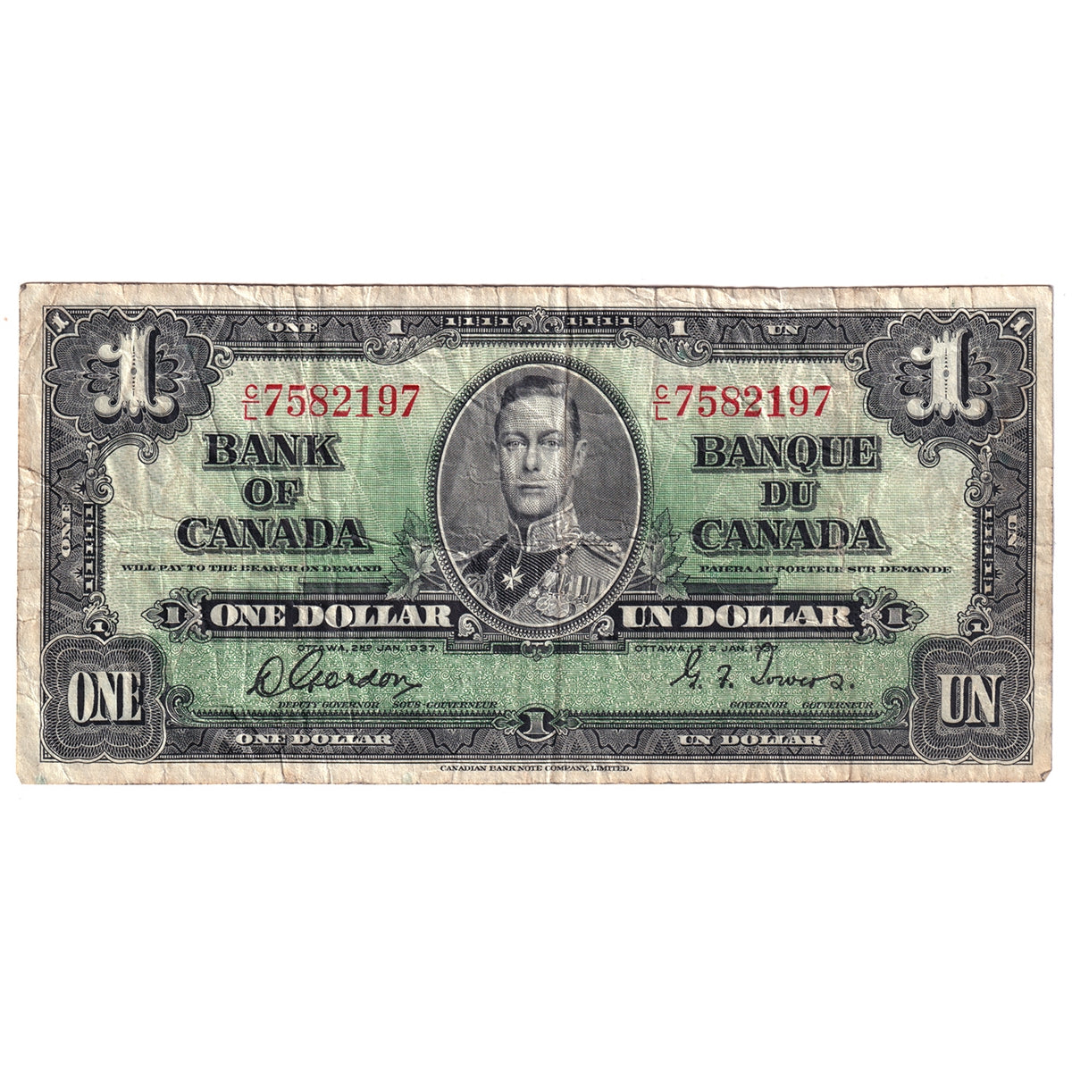 BC-21c 1937 Canada $1 Gordon-Towers, C/L, F-VF (F15)